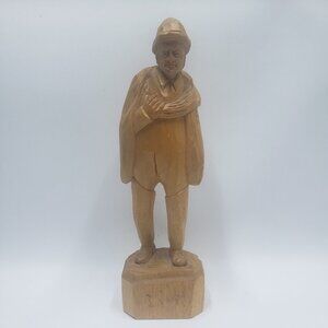 Paul E Caron Folk Art Hand Carved Wood Figurine Of Old Man Fisherman 9” Signed